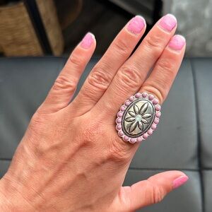 Elegant Silver and Pink Floral Ring